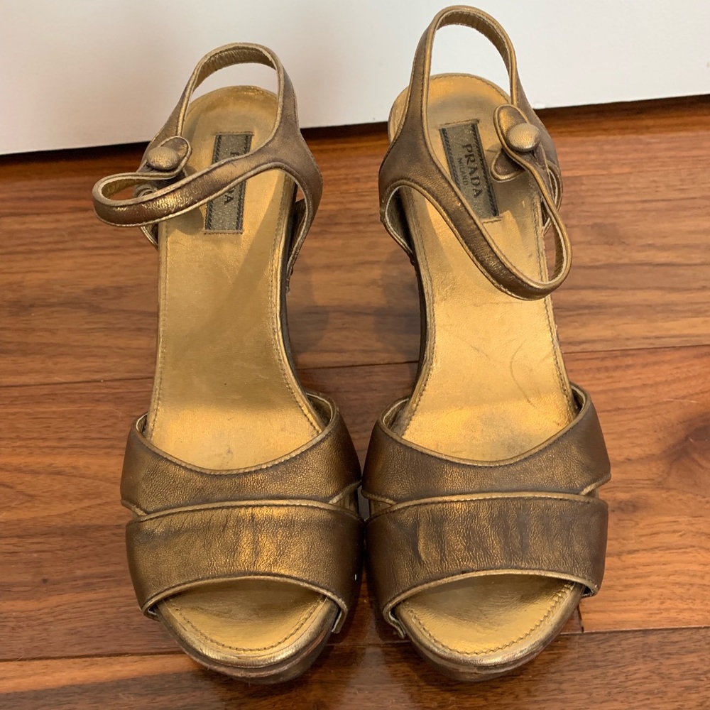 DESIGNER Prada golden wedge heels